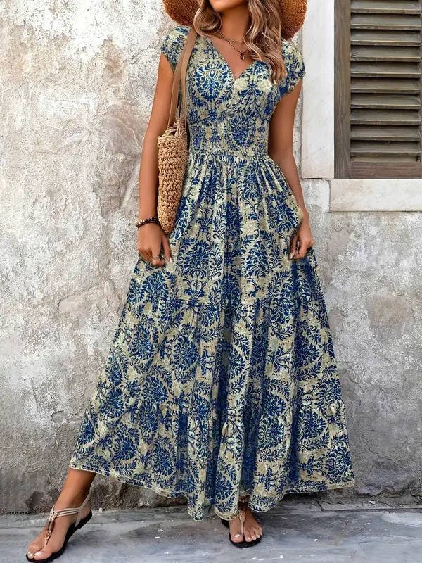 Elegant V-neck women's maxi dress with a relaxed boho style. Ideal for ladies seeking a comfortable, long flowy dress.