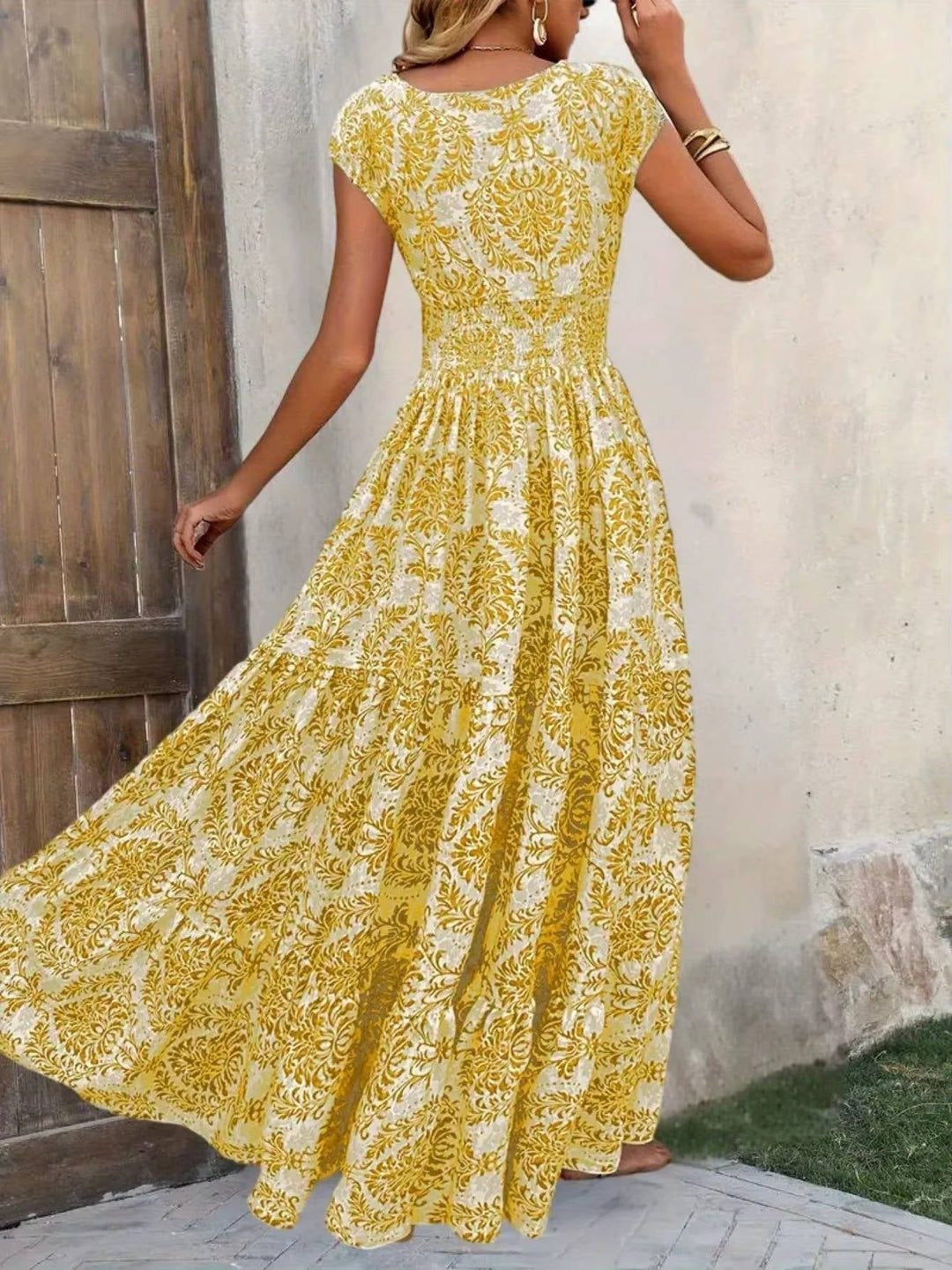 Ladies' elegant boho V-neck maxi dress. A long, flowy summer dress offering effortless style & flattering fit.