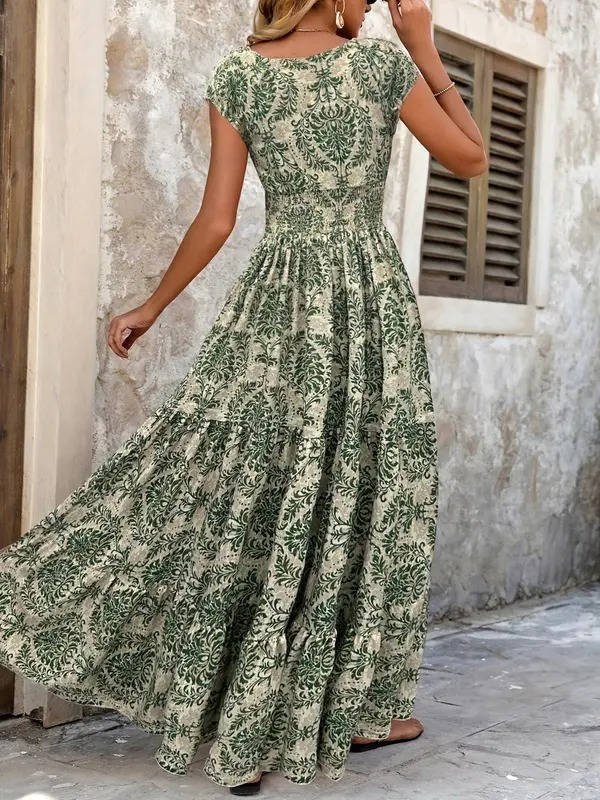 Flattering women's boho V-neck maxi dress. An effortless, long flowy dress perfect for any stylish occasion.