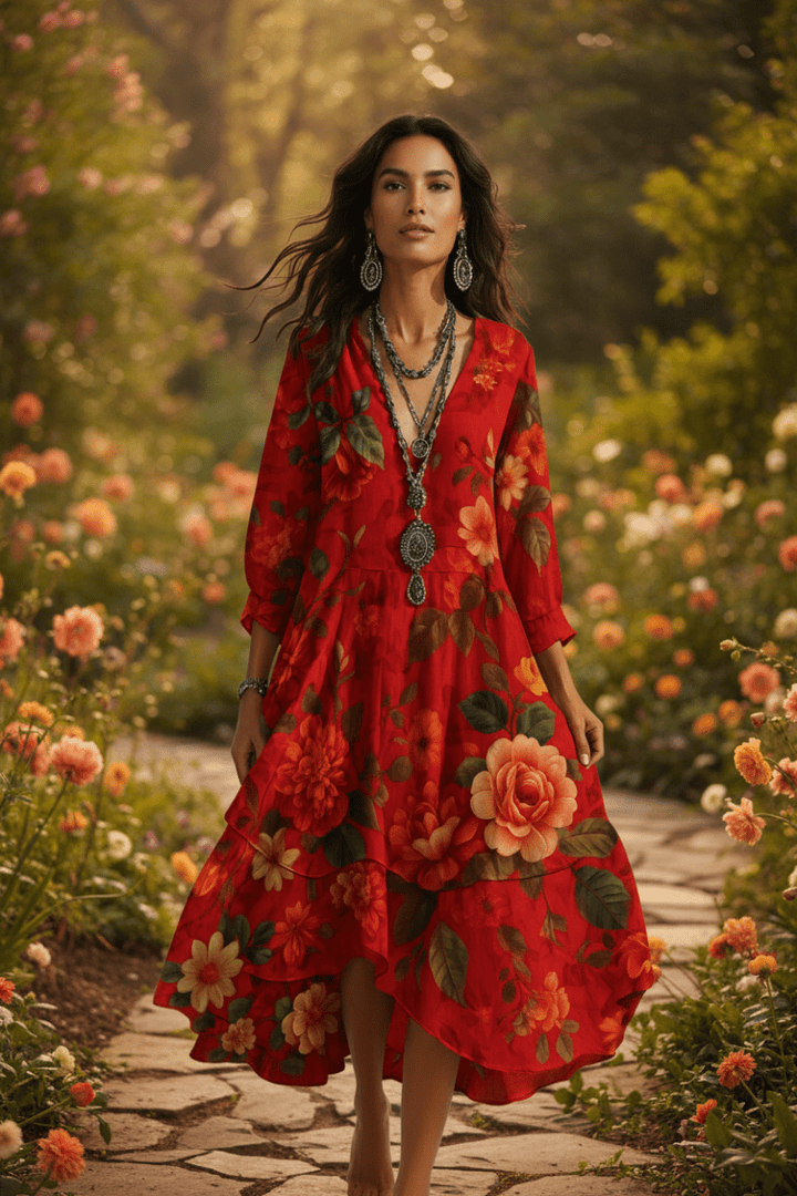 Elegant women's boho maxi dress, vintage style with a flowing silhouette, ideal for day to night summer fashion.