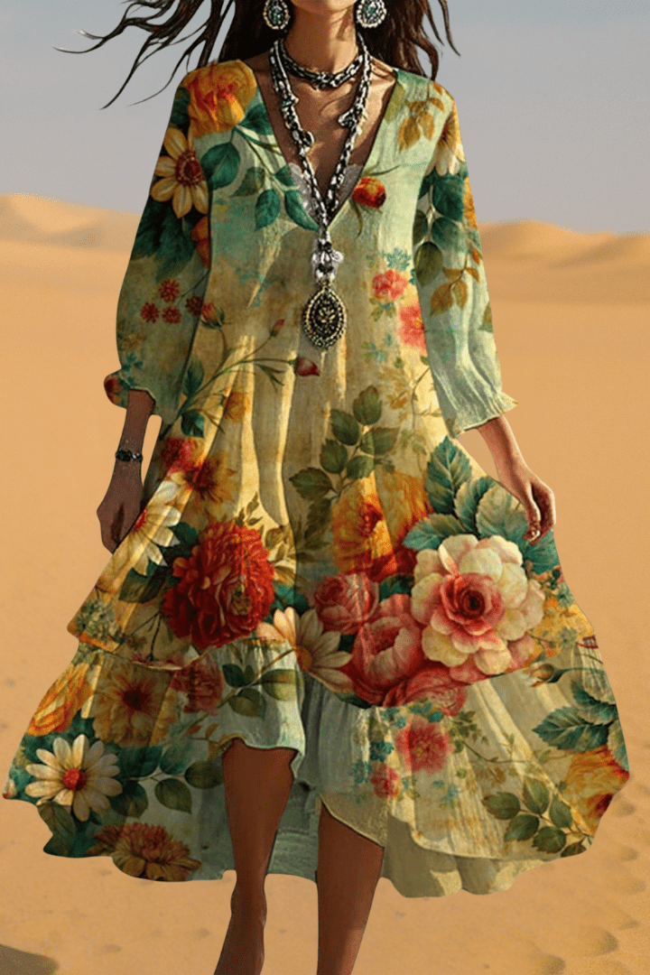 Stylish women's vintage boho maxi dress, a flowing V-neck design for comfortable and chic summer vacation outfits.