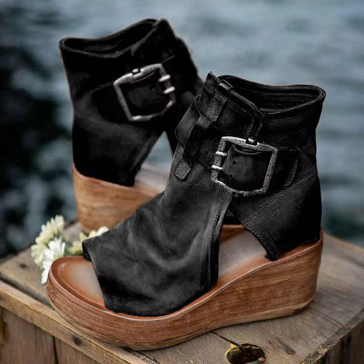 Stylish women's boho wedge sandals featuring an adjustable buckle, ideal for summer casual wear.