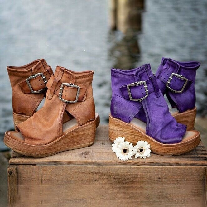 Boho style women's summer wedge sandals with adjustable buckle, offering everyday comfort.