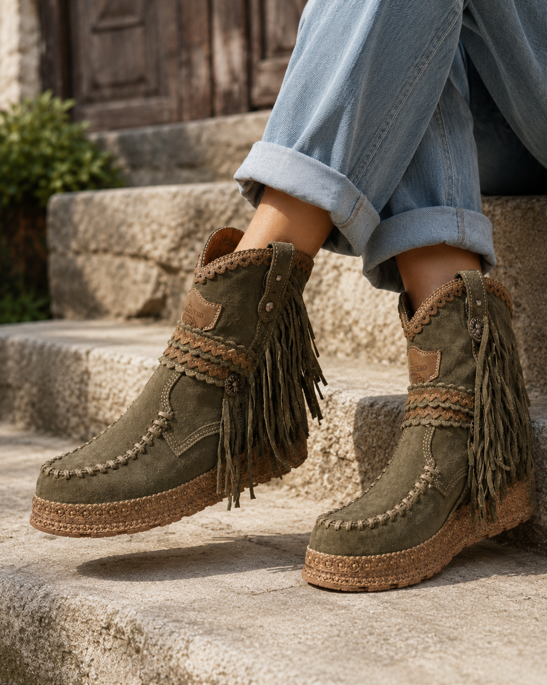 Women's boho western ankle boots with fringe, flat heel, and round toe. Ideal for casual, everyday style.