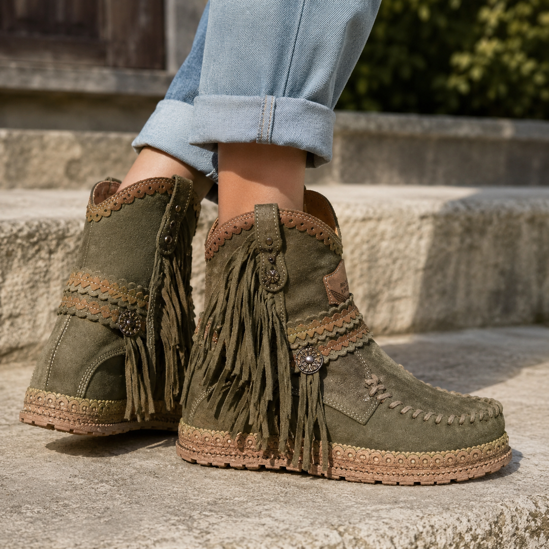 Effortless style with these women's boho western fringe ankle boots. Flat heel, round toe, perfect for casual chic.