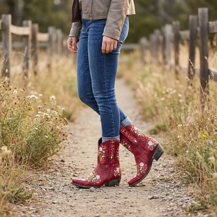 Women's bold floral embroidered western ankle boots, unique statement footwear.