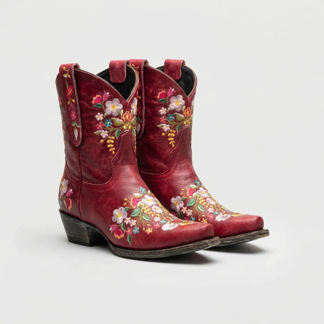 Red women's floral embroidered western ankle boots, eye-catching cowboy style.