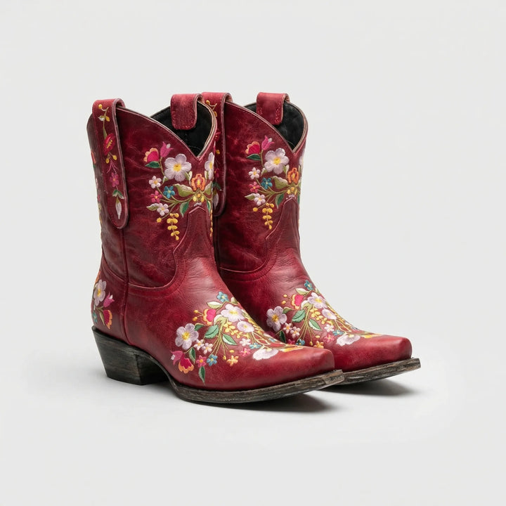 Red women's floral embroidered western ankle boots, eye-catching cowboy style.