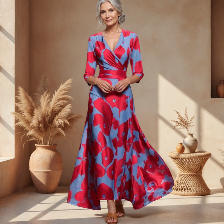 Women's bold floral print wrap V-neck maxi dress, elegant flowy occasion wear for parties & evenings.