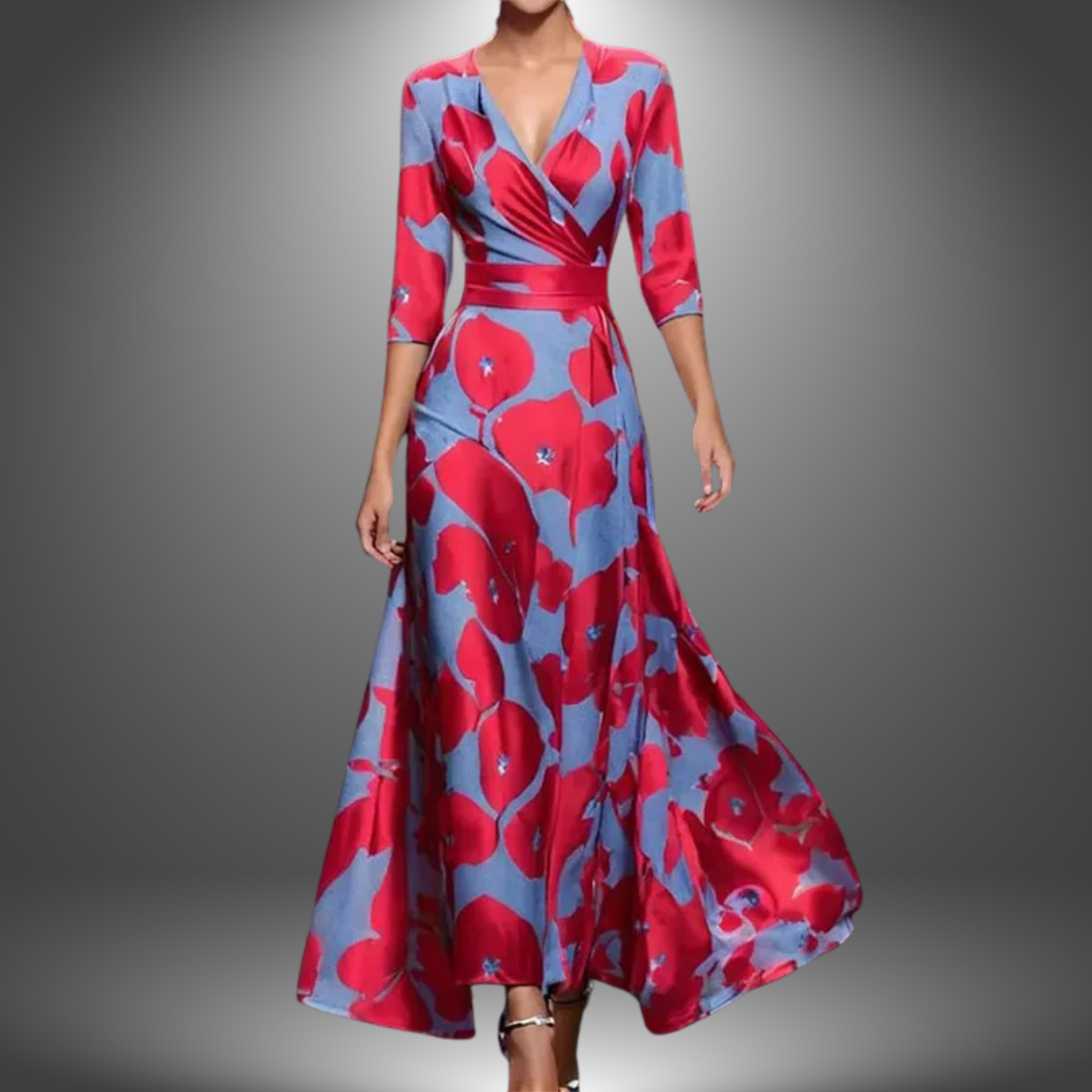 Elegant women's flowy bold floral V-neck long maxi dress, perfect for formal occasions & evening wear.