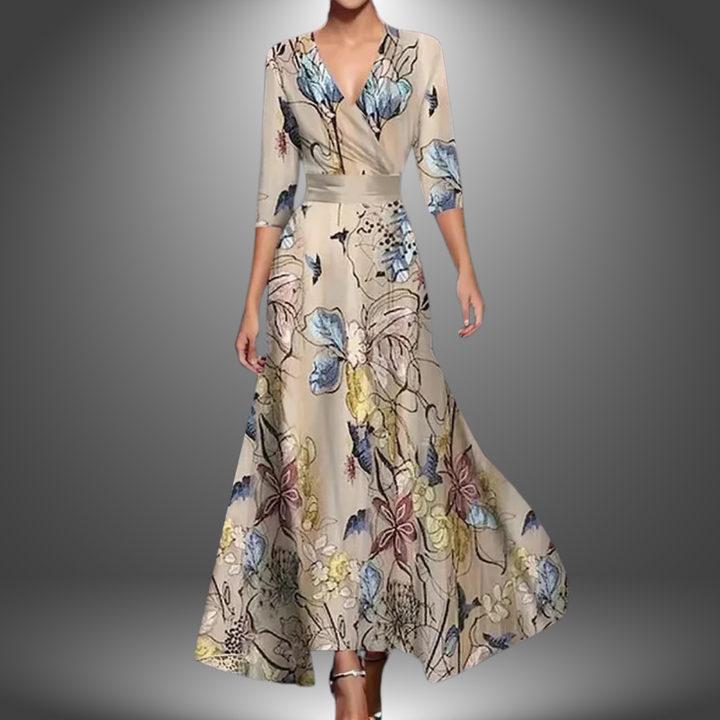 Stunning women's wrap V-neck maxi dress with bold floral print, a sophisticated flowy formal gown.