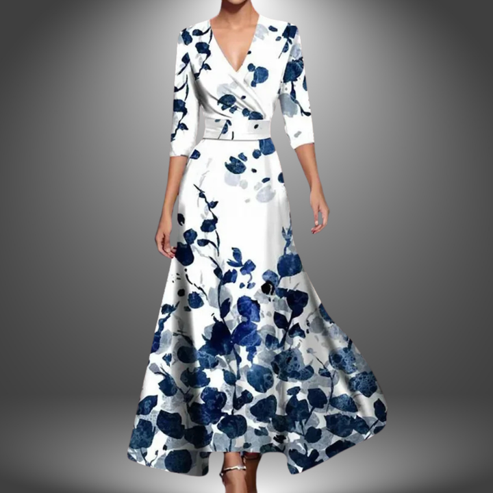 Occasion women's bold floral print long maxi dress, featuring a flattering wrap V-neck & flowy silhouette.