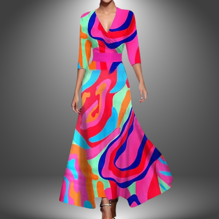 Beautiful women's bold floral print flowy maxi dress, with a stylish wrap V-neck, ideal for elegant events.