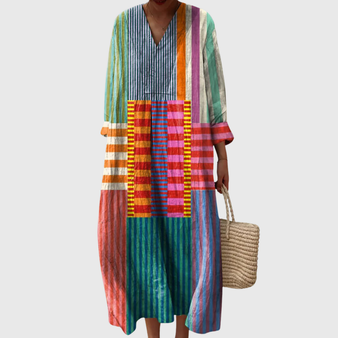 Women's bold multicolor stripe patchwork dress with long sleeves & V-neck. Stylish casual fall fashion.