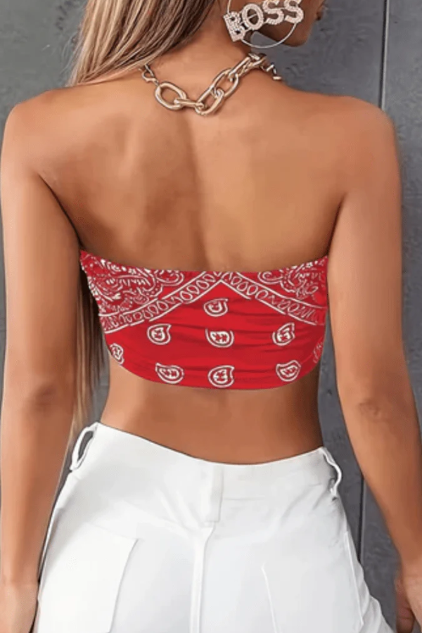 Retro-style women's strapless paisley print bandeau top with an asymmetrical design, ideal for summer outfit.