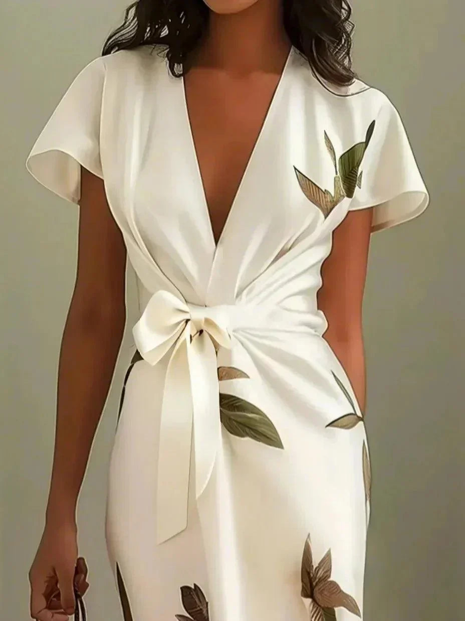 Flowy women's midi wrap dress with flutter sleeves, a V-neck, and an eye-catching botanical print, suitable for guests.