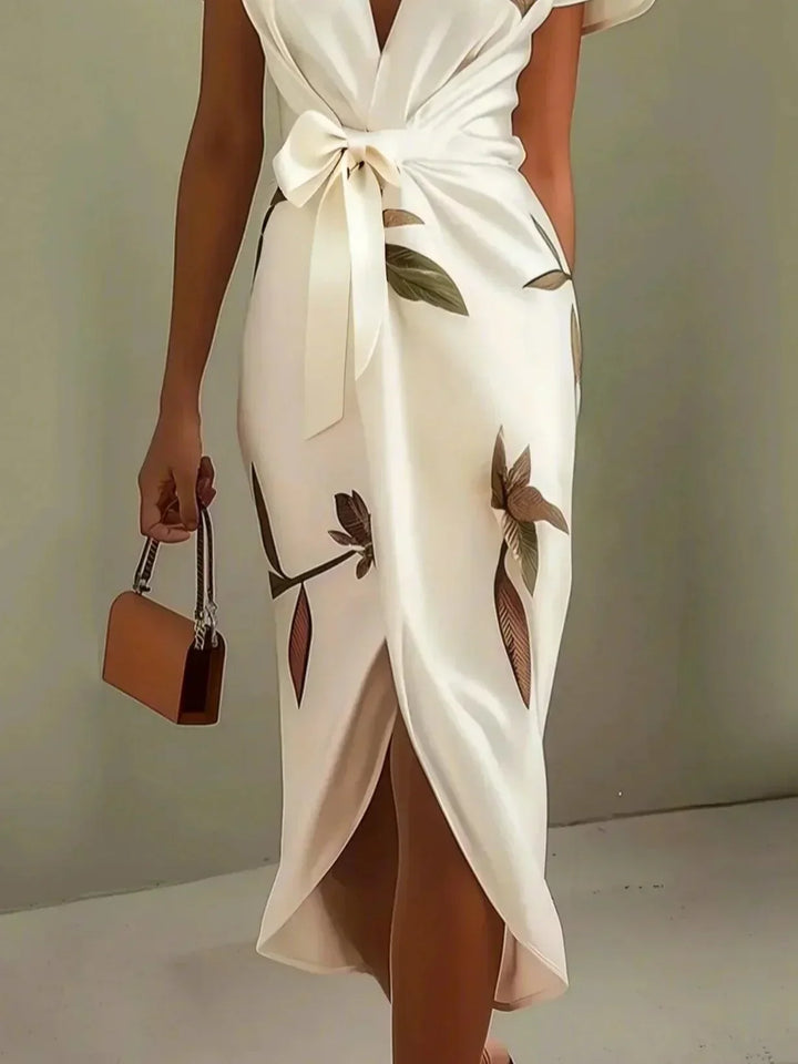 Chic women's printed V-neck midi wrap dress with a botanical design and flutter sleeves, a graceful wedding guest outfit.