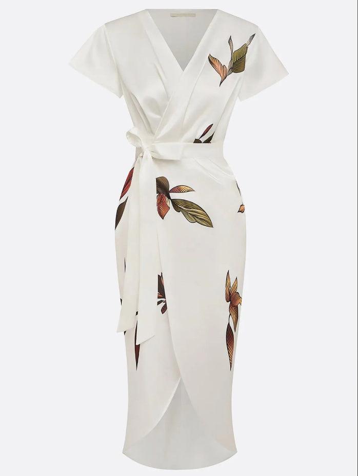 Versatile women's V-neck wrap midi dress, featuring a gorgeous botanical print and tie waist, for weddings & events.