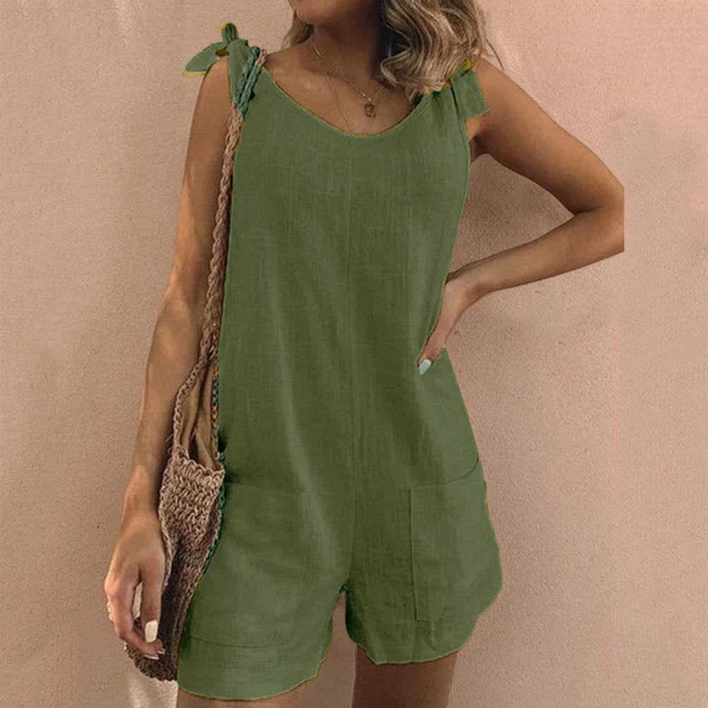 Trendy women's playsuit, featuring a pocket design and elegant bow straps, great for casual summer wear.