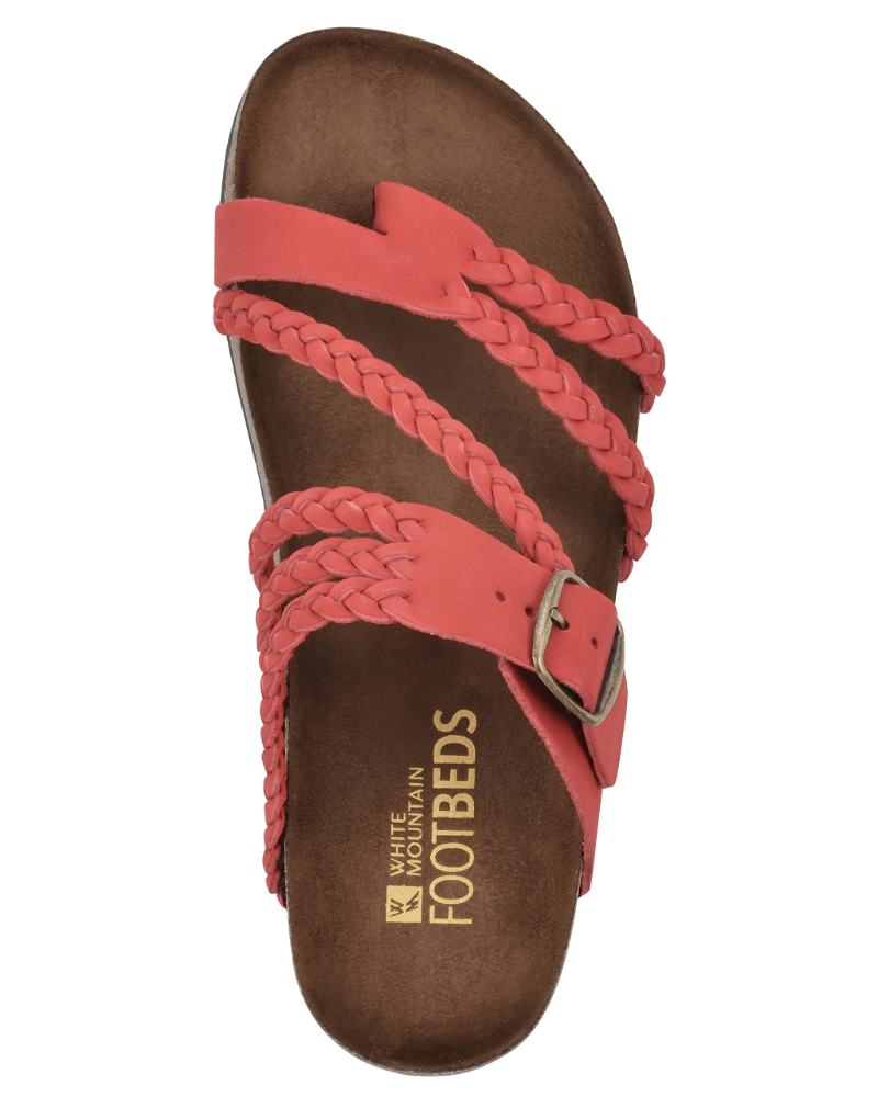Side view of women's summer sandals: braided thong straps & a thick contoured comfort sole for support.