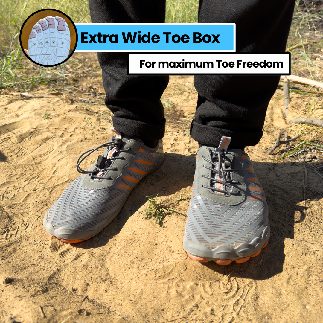 Hand bending flexible sole of women's barefoot sport shoes, highlighting natural movement & design.