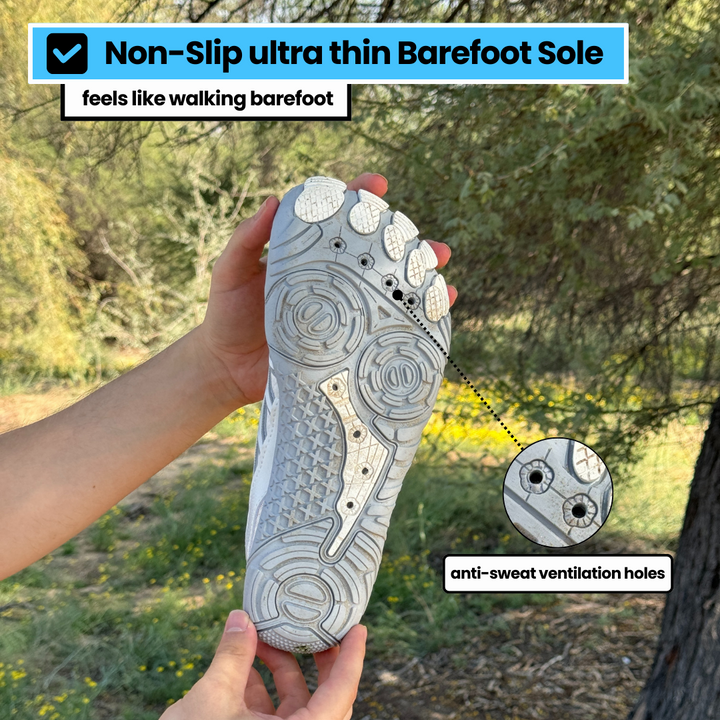 Breathable upper on women's barefoot running shoes, close-up for ventilation & cool feet during exercise.