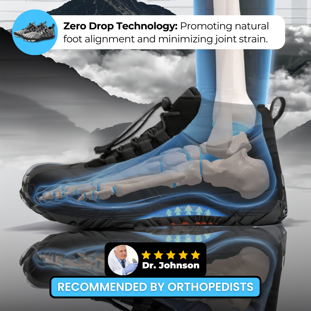 Women's breathable barefoot sport shoes on a scenic trail, perfect for natural outdoor running.