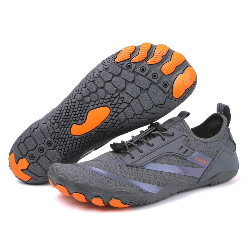 Woman running outdoors in breathable barefoot sport shoes, embracing natural movement & lightweight feel.