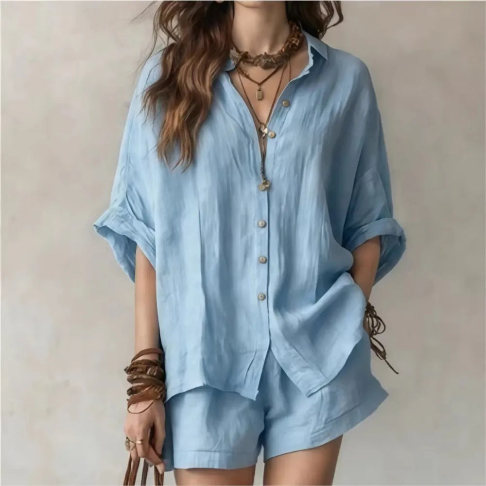 Women's breathable casual lounge set in a relaxed fit, perfect two-piece summer outfit for comfort.