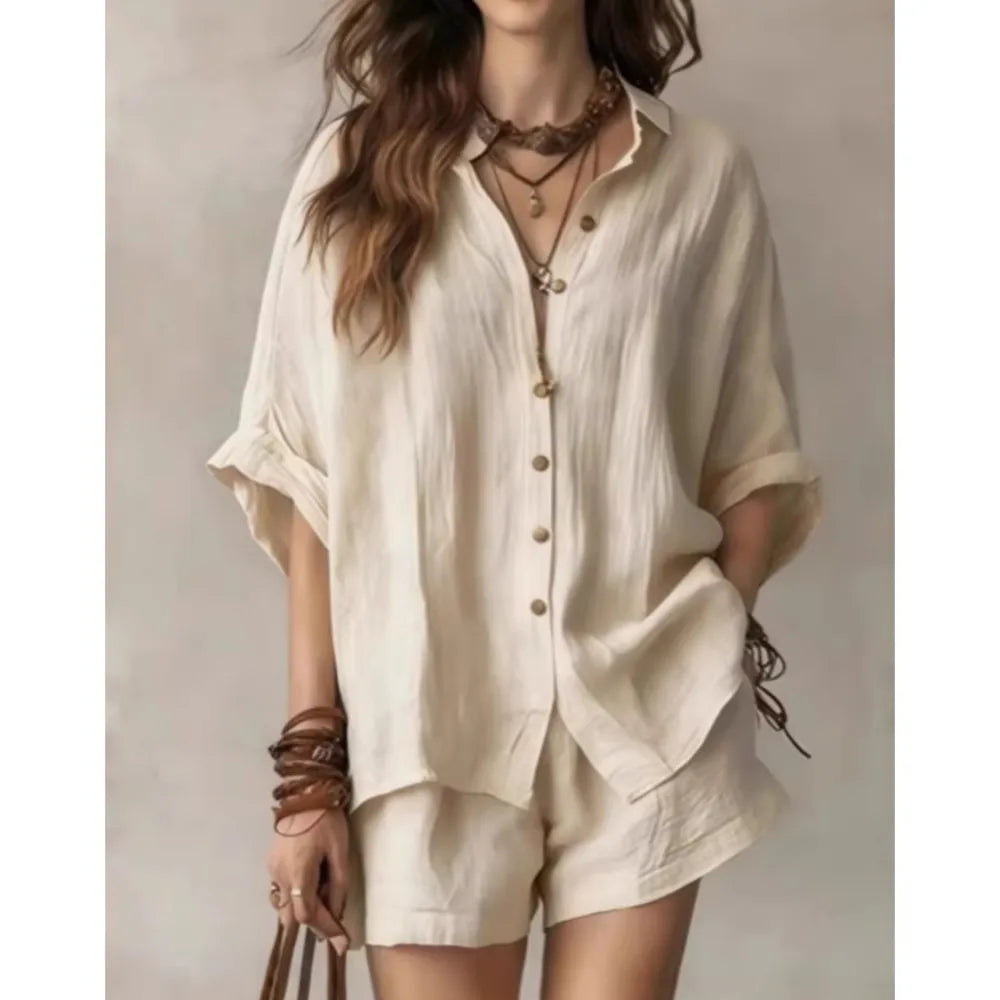 Women's comfortable breathable two-piece lounge set, perfect casual outfit for summer vacation & relaxed daywear.