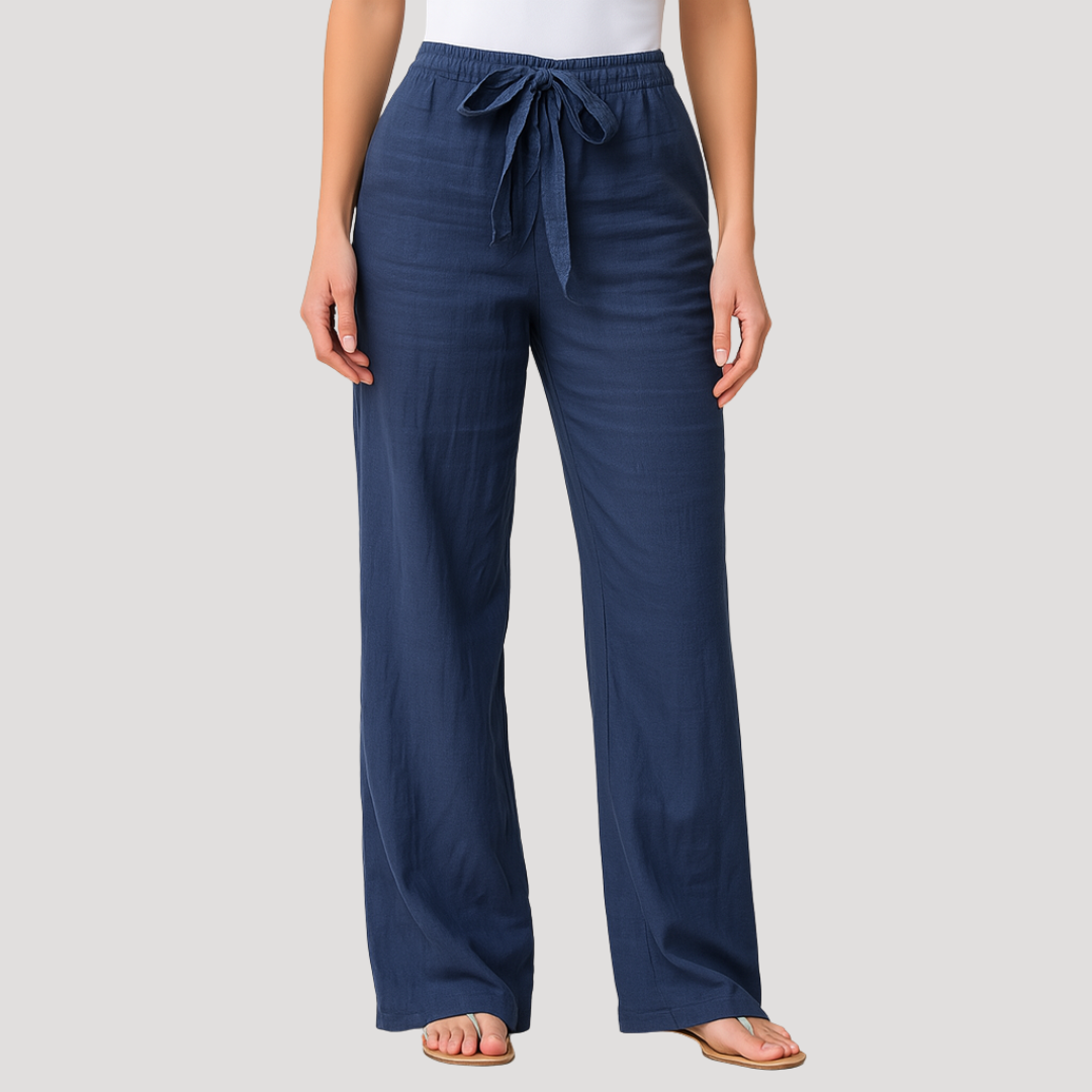 Women's breathable linen straight leg trousers with drawstring waist, perfect for summer casual wear.