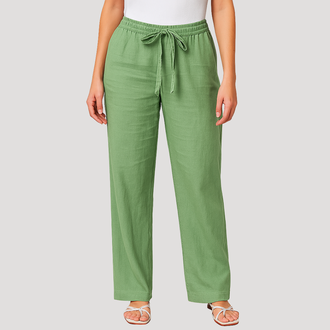 Lightweight women's linen drawstring trousers. Breathable straight leg pants ideal for warm weather and casual style.