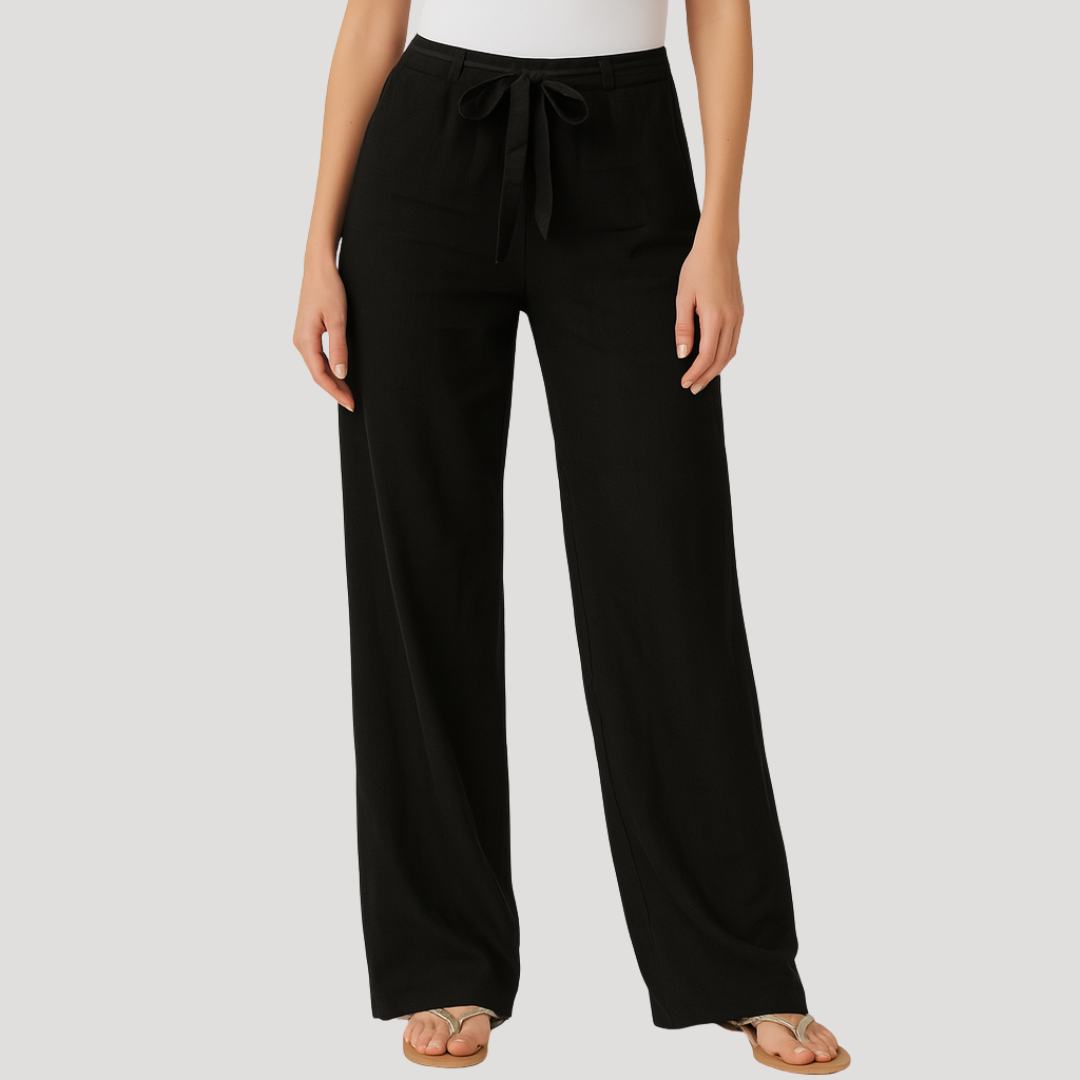 Stylish women's straight leg linen pants featuring a comfortable drawstring waist. Perfect breathable casual trousers.