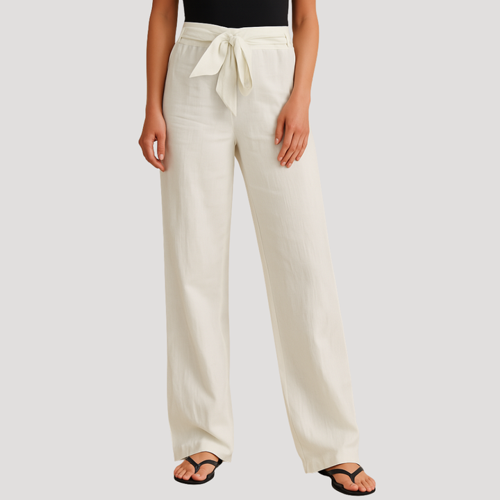 Women's casual linen drawstring trousers. Effortlessly chic, breathable straight leg pants for relaxed summer days.