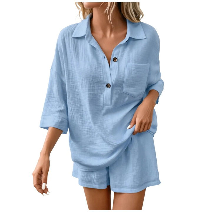 Comfy women's two-piece set: collared top & drawstring shorts. Ideal for warm weather, resort, or casual wear.