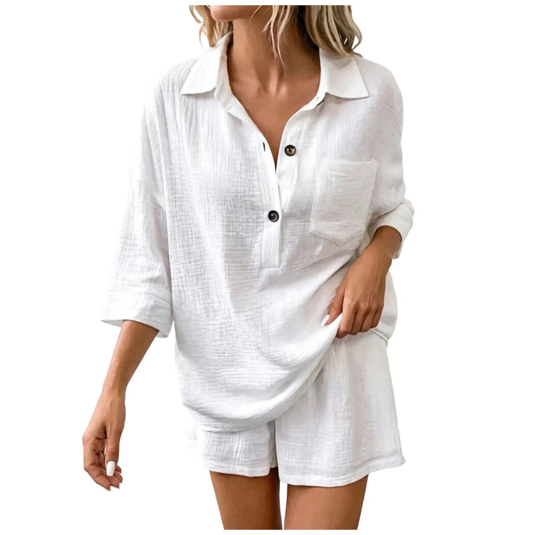Breathable women's collared top and drawstring shorts set. Relaxed fit, great for beach, summer, or casual days.