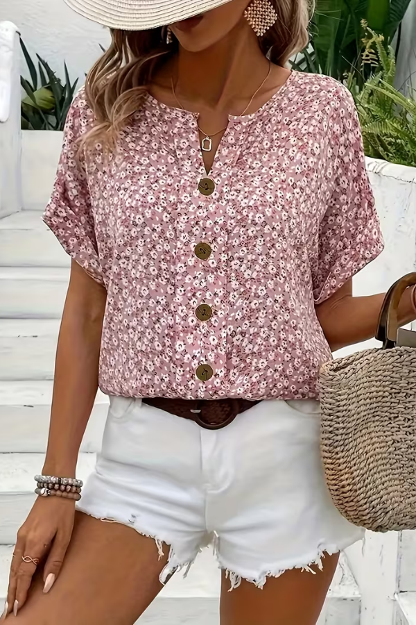 Women's Breezy Floral Summer Blouse with short sleeves, relaxed fit for casual, effortless style. Lightweight printed top.
