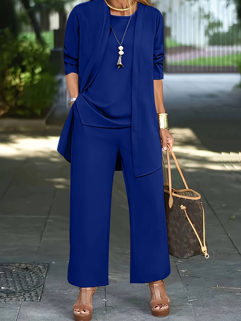 Breezy women's wide-leg trousers, sleeveless top, and matching cardigan set for versatile summer casual fashion.
