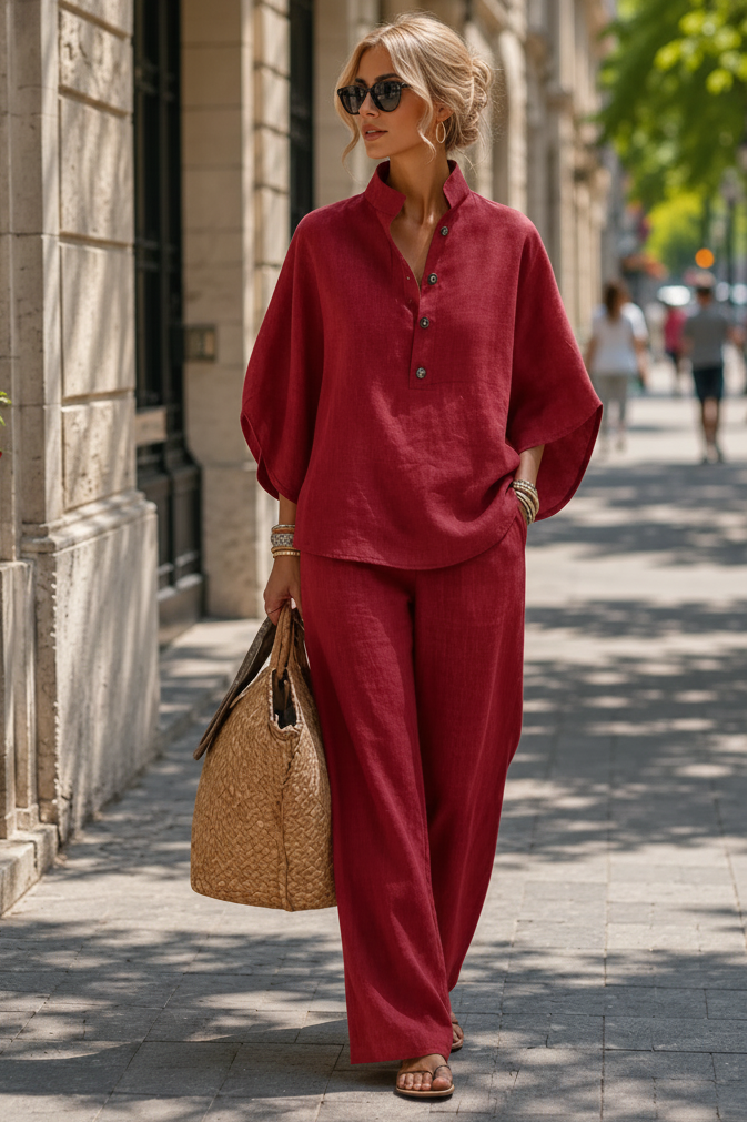 Fashionable women's two-piece set featuring breezy wide-leg trousers for effortless summer style.