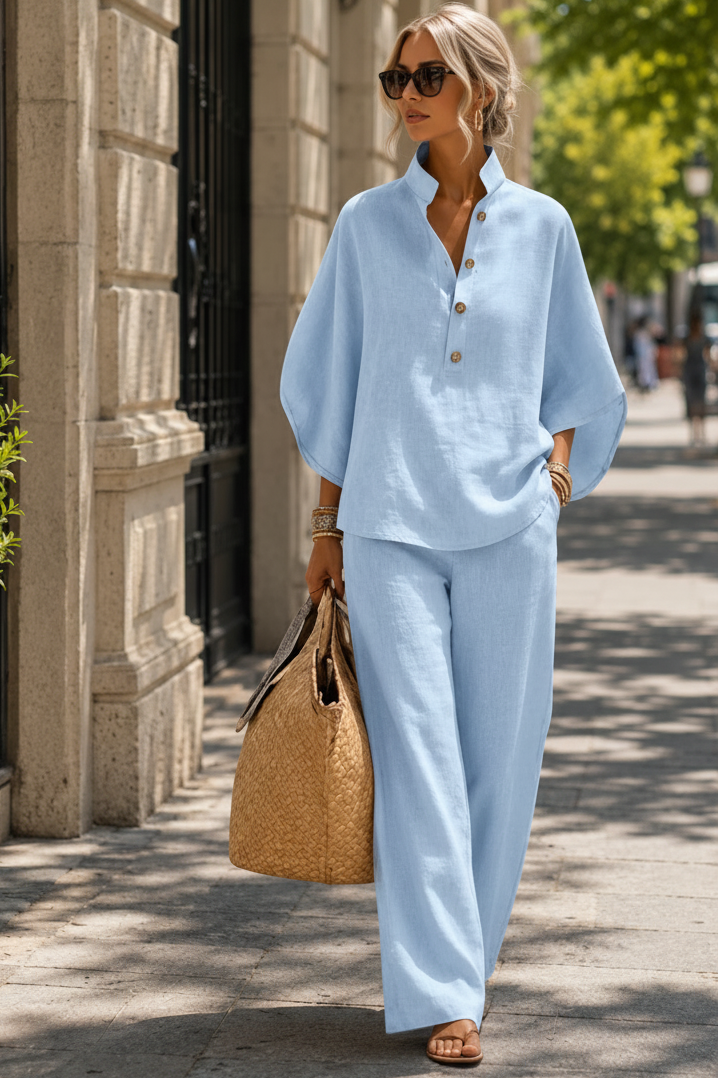 Women's breezy wide-leg two-piece set, a comfortable & versatile summer outfit for casual or loungewear.