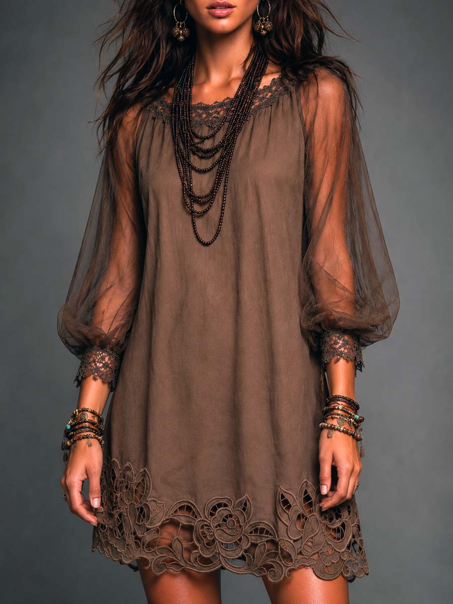 Women's brown boho mini dress with sheer floral sleeves & intricate crochet hem. Perfect flowing summer vacation wear.
