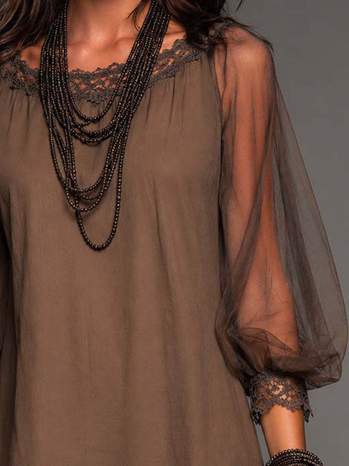 Casual women's brown mini dress, boho style, featuring sheer long sleeves, round neck & beautiful crochet hem.