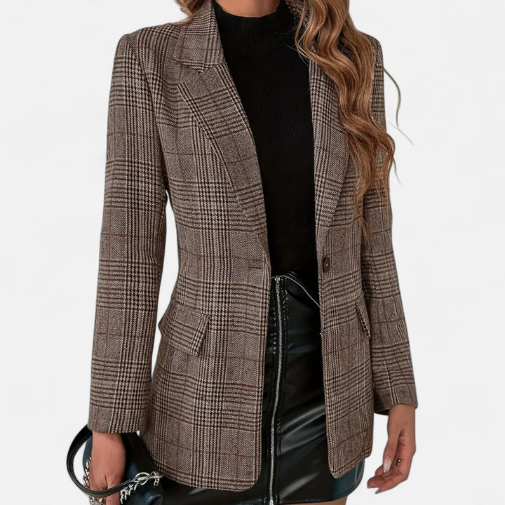 Women's brown plaid single-breasted blazer, heritage style, tailored fit for office wear and versatile fashion.