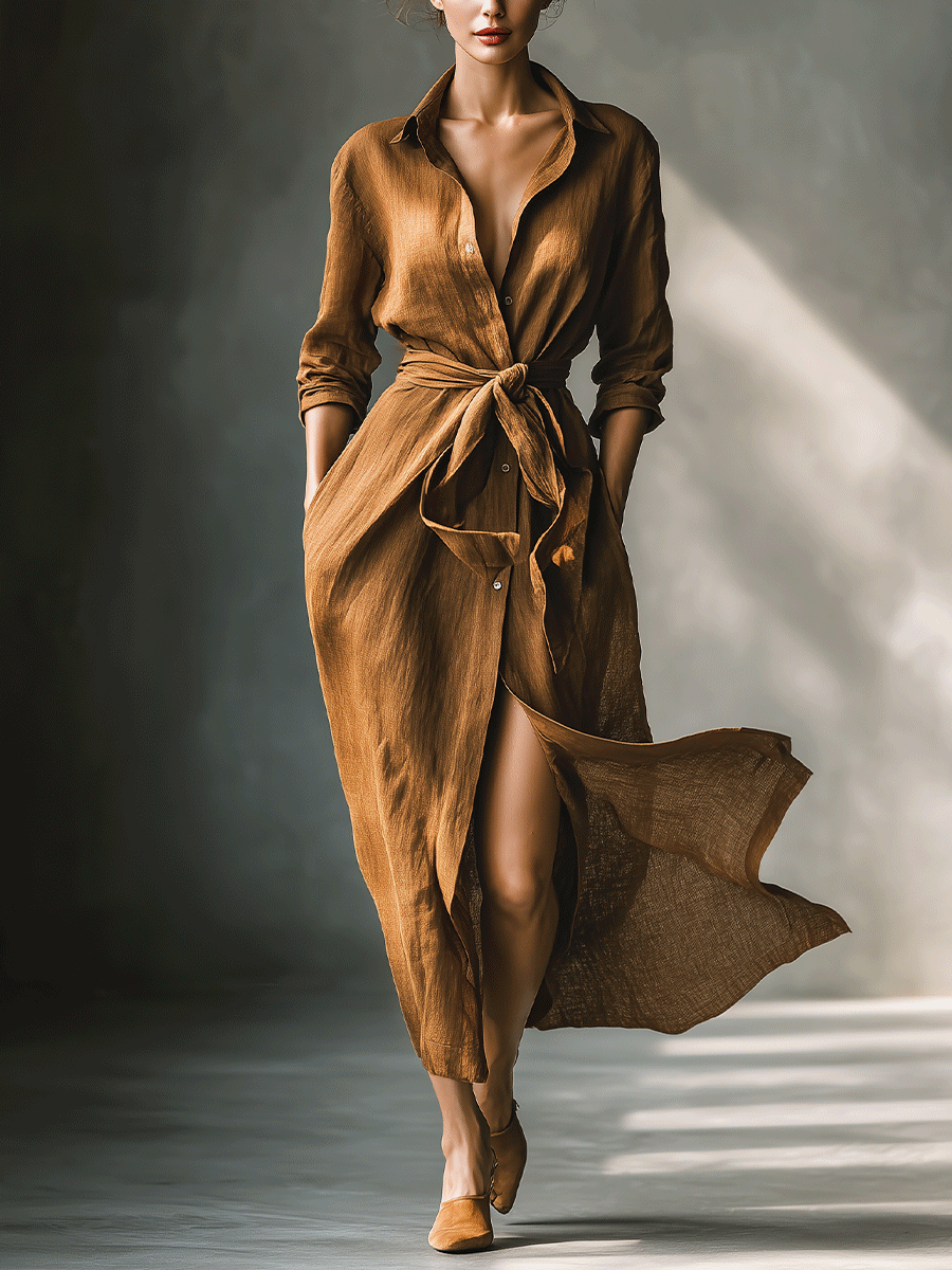 Women's brown V-neck shirt dress with tie waist & long sleeves. Perfect casual or autumn maxi dress.
