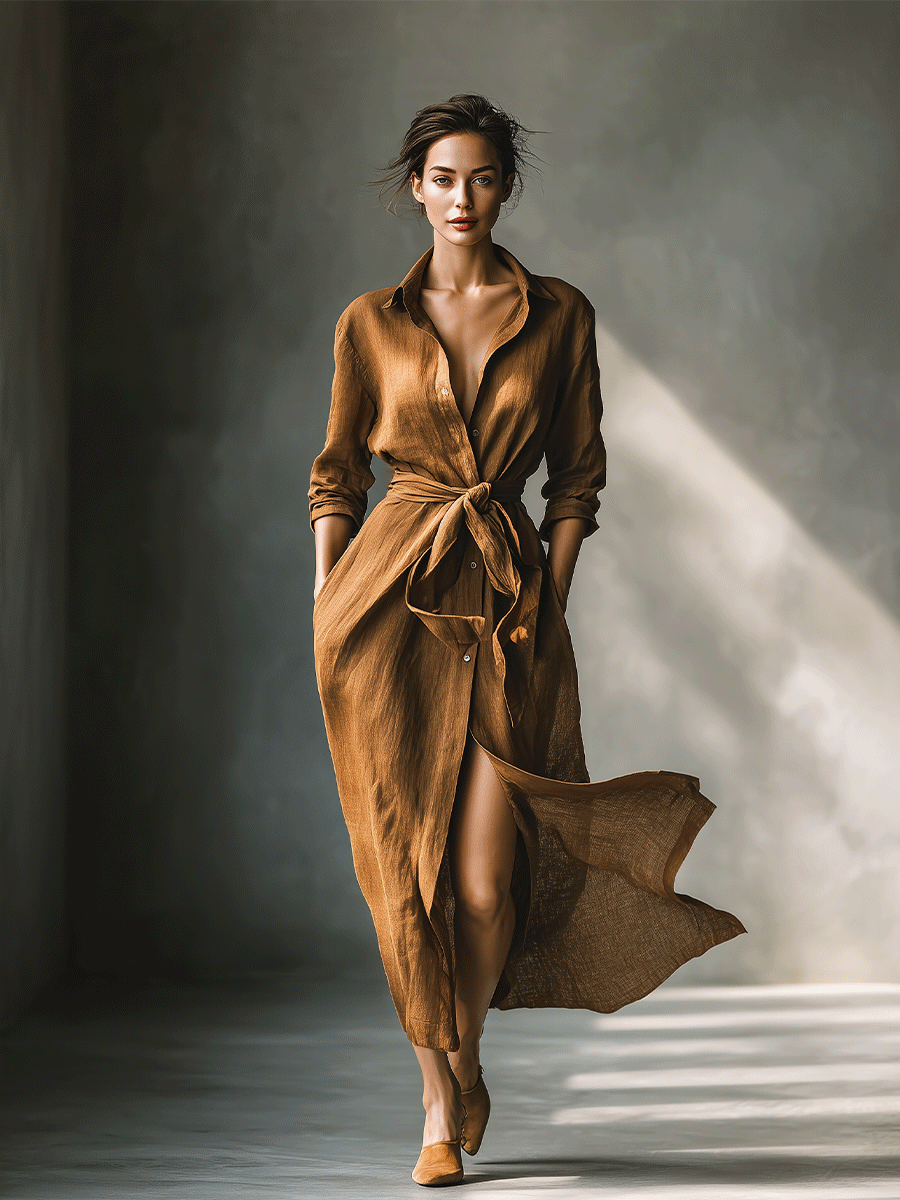 Comfortable women's brown long sleeve shirt dress, V-neck, tie waist. Versatile casual & autumn maxi style.
