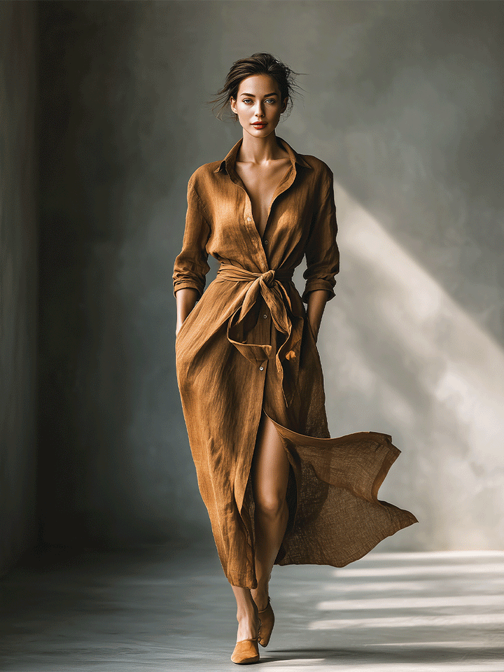 Comfortable women's brown long sleeve shirt dress, V-neck, tie waist. Versatile casual & autumn maxi style.