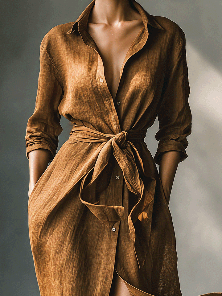 Stylish brown V-neck maxi shirt dress for women, featuring a tie waist and long sleeves. Ideal for autumn.