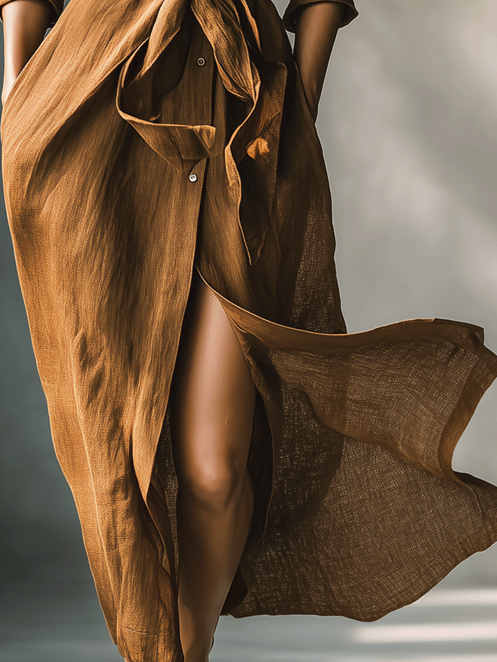 Women's brown shirt dress: elegant V-neck, flattering tie waist, and practical long sleeves. Casual autumn maxi.