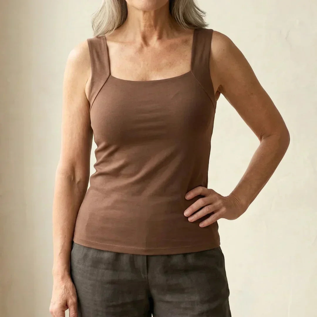 Women's built-in bra tank top for wire-free comfort, perfect for everyday wear.