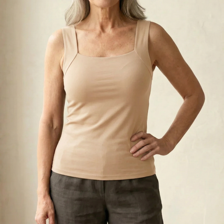 Blue women's wire-free tank top with built-in bra, a comfortable choice for casual fashion.